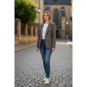 Gentry Womens Plaid Blazer Jacket Wool Grey‎ Elbow Patches Two Button Classic